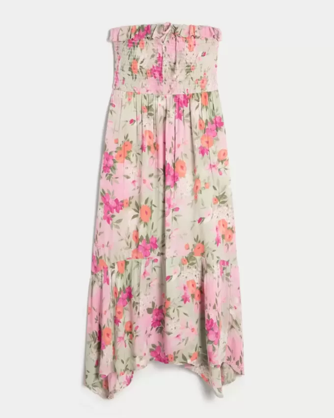 Vestido largo fruncido sin tirantes