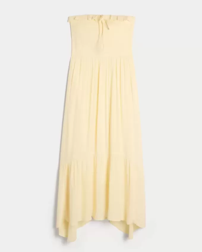 Vestido largo fruncido sin tirantes
