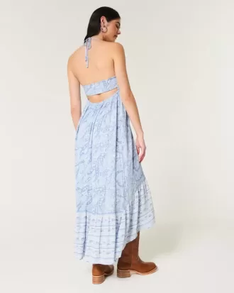 Vestido largo halter con dobladillo asimétrico