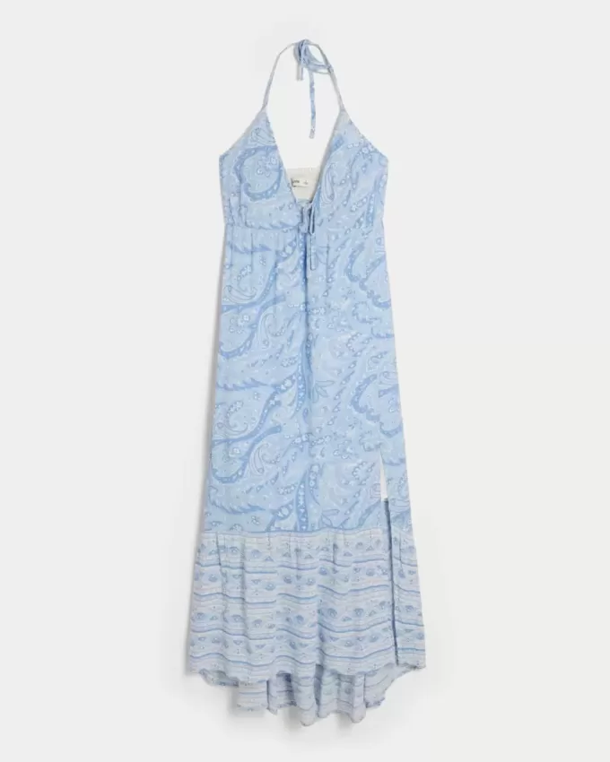 Vestido largo halter con dobladillo asimétrico Vestido largo halter con dobladillo asimétrico