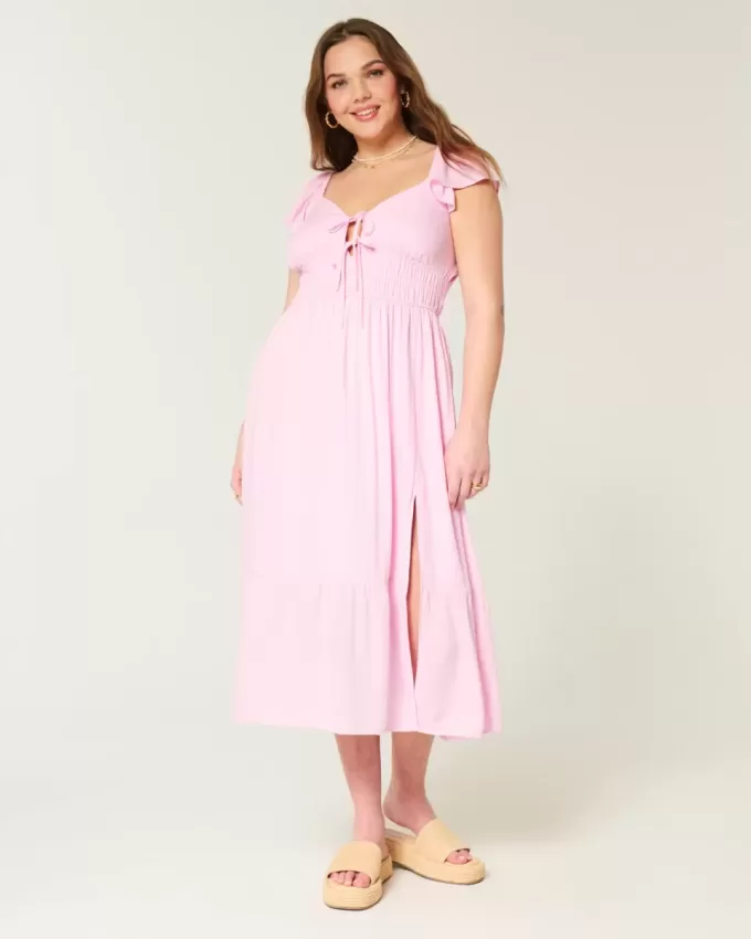 Vestido midi con doble lazo y mangas onduladas Vestido midi con doble lazo y mangas onduladas