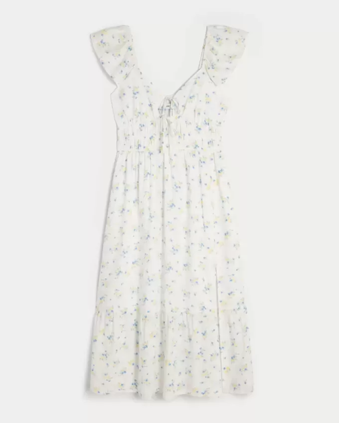 Vestido midi con doble lazo y mangas onduladas Vestido midi con doble lazo y mangas onduladas
