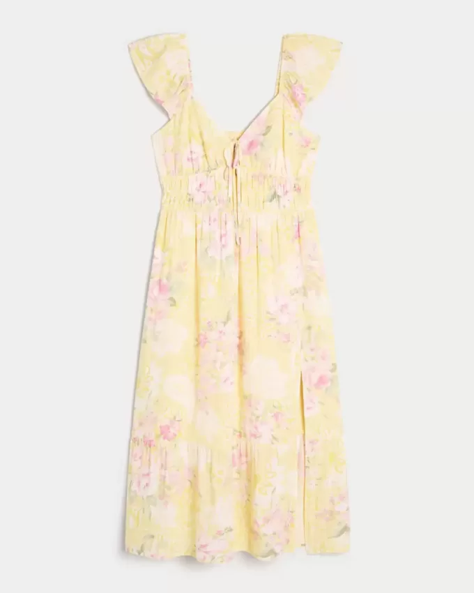 Vestido midi con doble lazo y mangas onduladas Vestido midi con doble lazo y mangas onduladas