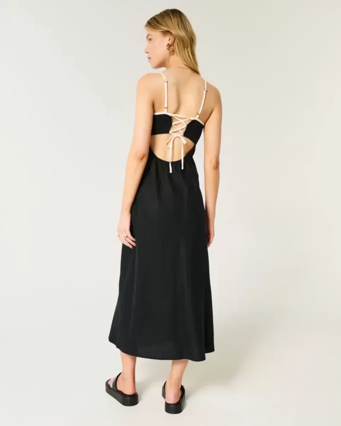 Vestido midi de mezcla de lino con espalda abierta