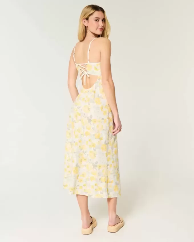 Vestido midi de mezcla de lino con espalda abierta