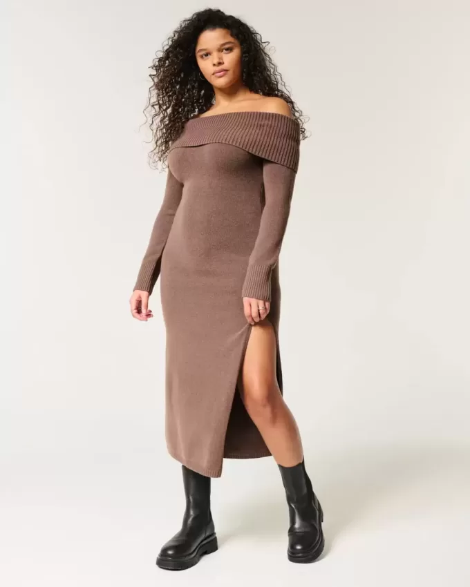 Vestido midi de suéter con hombros descubiertos Vestido midi de suéter con hombros descubiertos