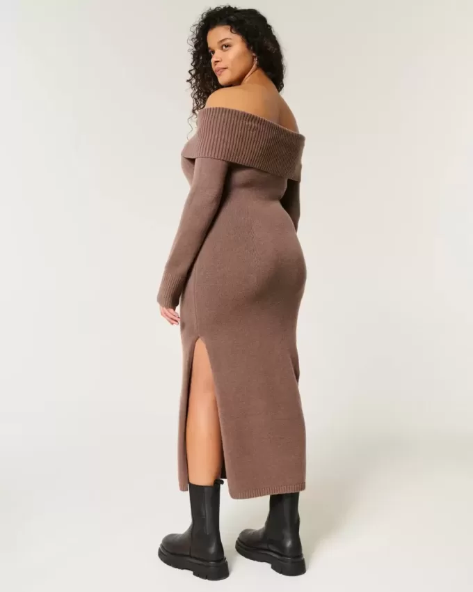 Vestido midi de suéter con hombros descubiertos Vestido midi de suéter con hombros descubiertos