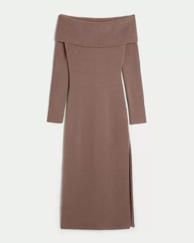 Vestido midi de suéter con hombros descubiertos Vestido midi de suéter con hombros descubiertos