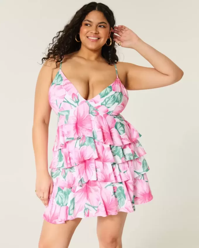 Vestido mini estilo babydoll con cuello en V y volantes Vestido mini estilo babydoll con cuello en V y volantes