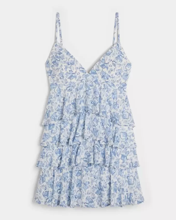 Vestido mini estilo babydoll con cuello en V y volantes Vestido mini estilo babydoll con cuello en V y volantes