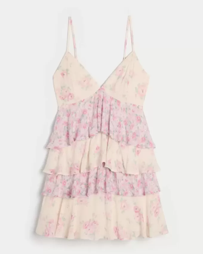 Vestido mini estilo babydoll con cuello en V y volantes Vestido mini estilo babydoll con cuello en V y volantes