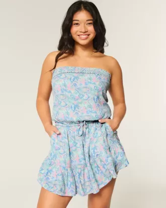 Vestido mini tipo blusón sin tirantes y con cordón