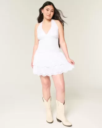 Vestido tipo falda-pantalón con cuello halter y fruncido de dos niveles