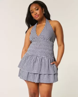 Vestido tipo falda-pantalón con cuello halter y fruncido de dos niveles