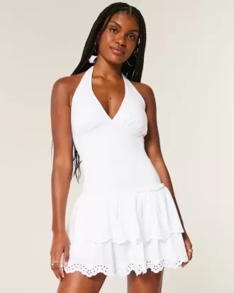 Vestido tipo falda-pantalón con cuello halter y fruncido de dos niveles