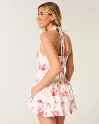 Vestido tipo falda-pantalón con cuello halter y fruncido de dos niveles
