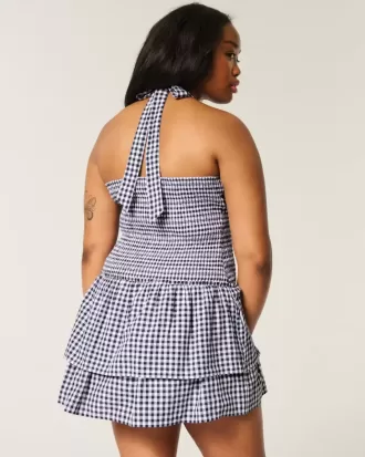 Vestido tipo falda-pantalón con cuello halter y fruncido de dos niveles